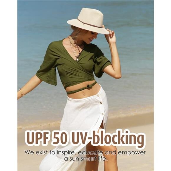 Womens Summer Straw Sun Hats Wide Brim Panama Fedora Beach Hat with Wind Lanyard - Picture 5 of 7